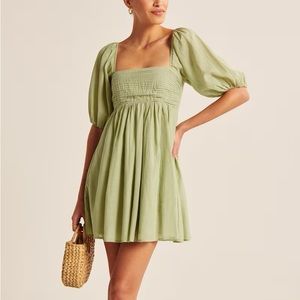 Emerson Ruched Puff Sleeve Mini Dress in Green PETITE